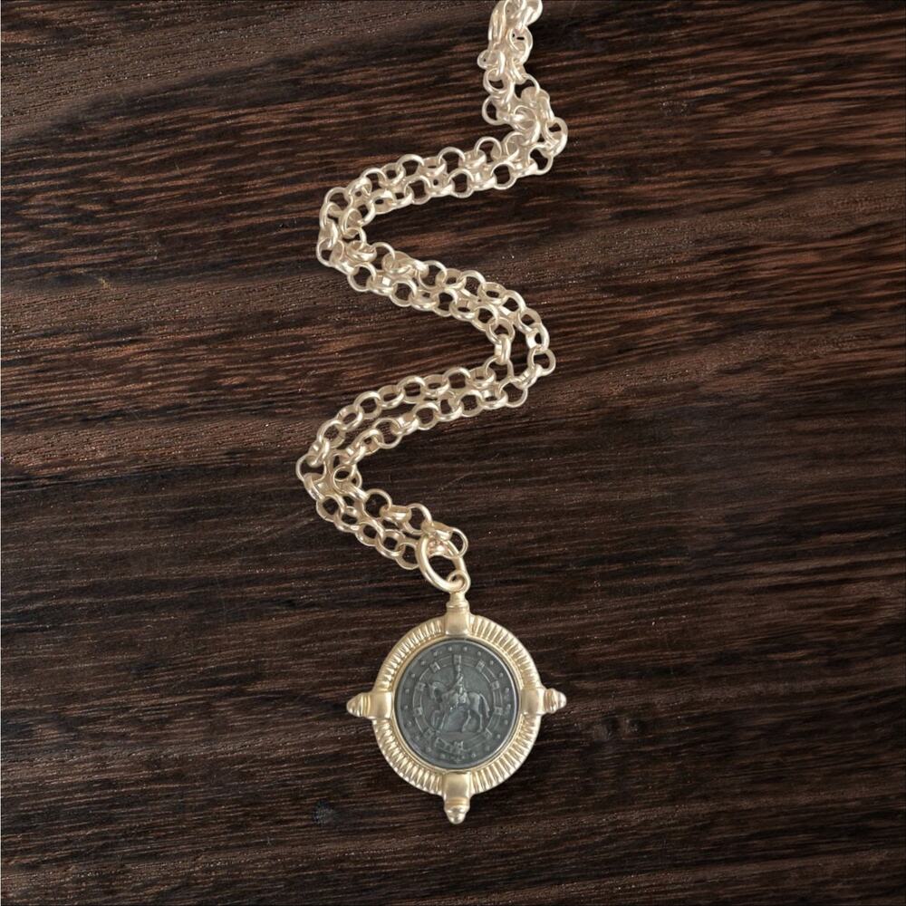 Matte Gold Horse Coin Necklace • Equestrian Jewelry • Adjustable 19" Rolo Chain